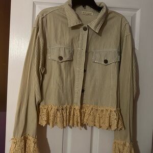 A Rare Bird Striped Beige Jean Jacket with Lace Trim